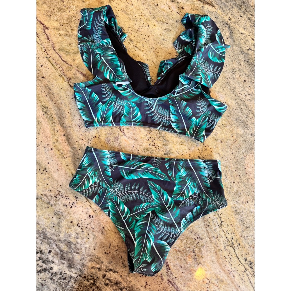 Tropical Green Leaf Ruffle High Waisted Bikini Set Two Piece Swimsuit Small - Picture 2 of 13